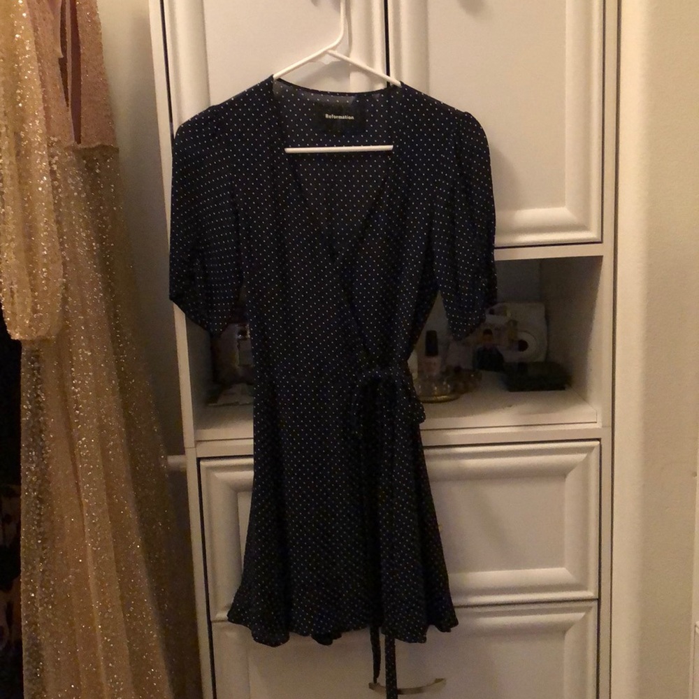 Reformation navy and white polka dot dress
